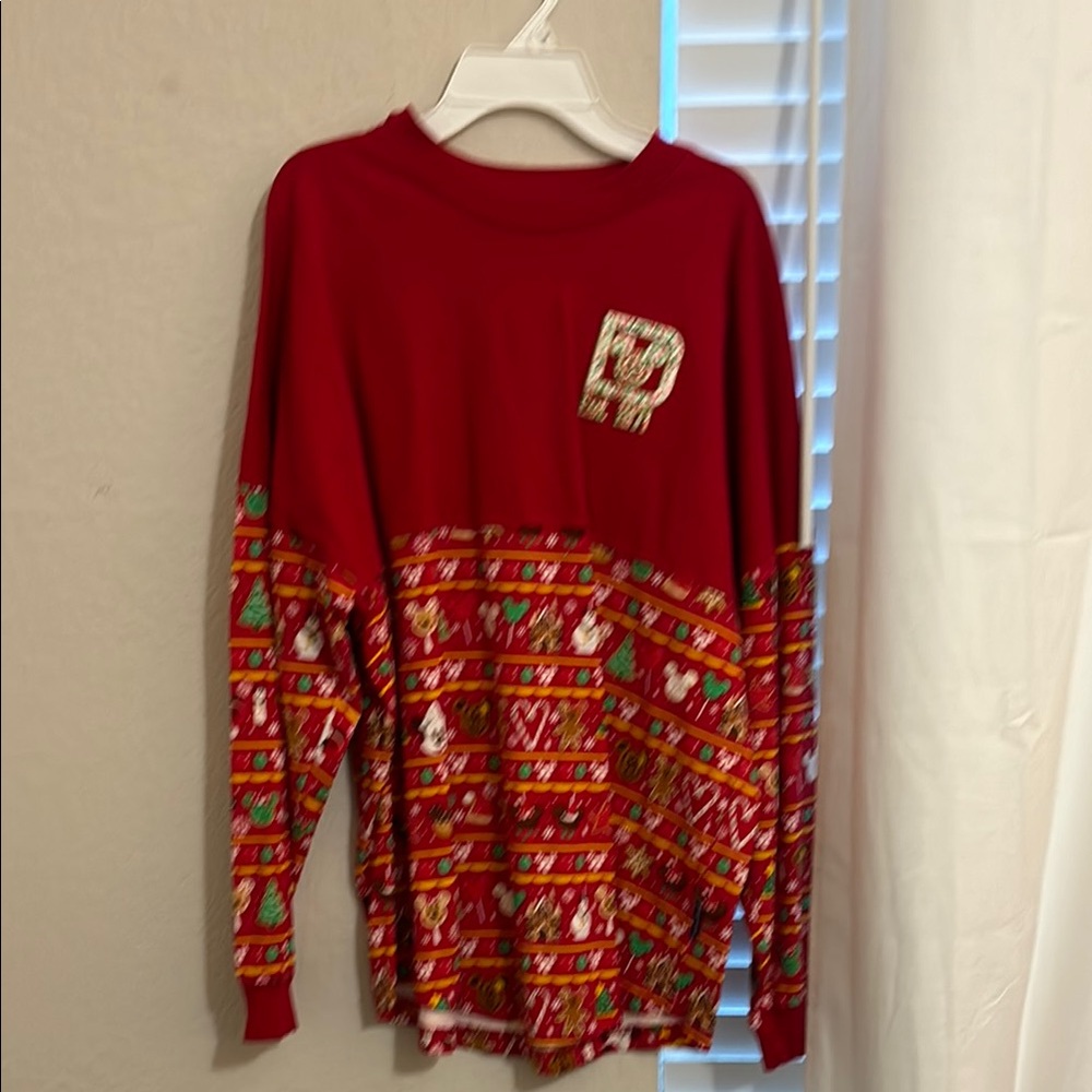 Disney Red Long Sleeve Tee with Festive Design, Christmas Addition
